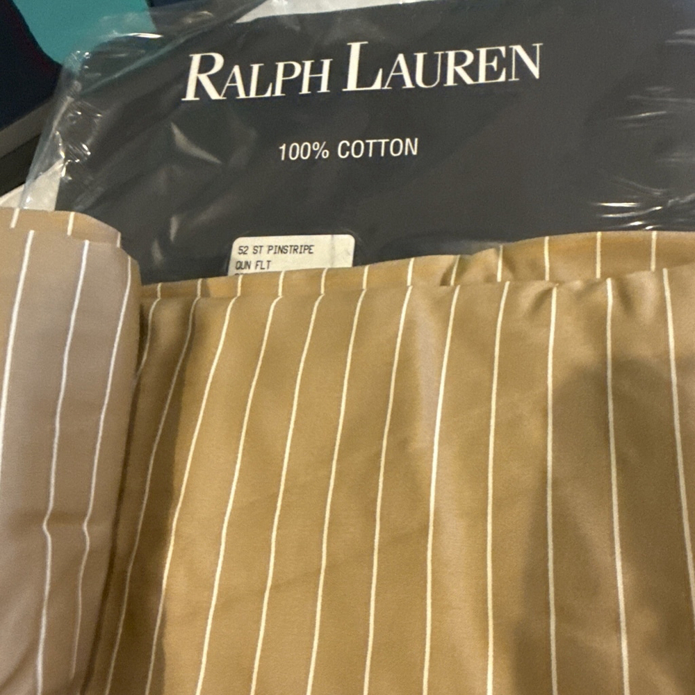 Ralph Lauren 52nd Street Camel Stripe Queen Flat Sheet New Vintage Italy Sateen